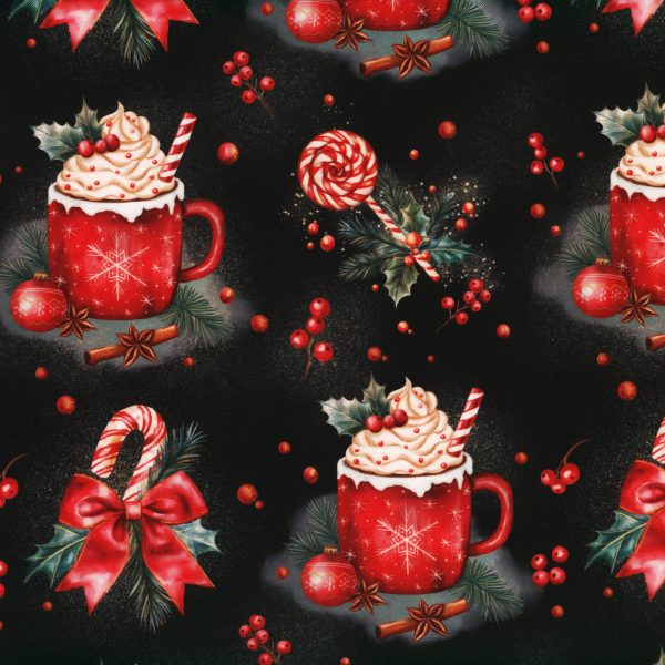 Nappe en tissu - Tasses de Noël - Noir