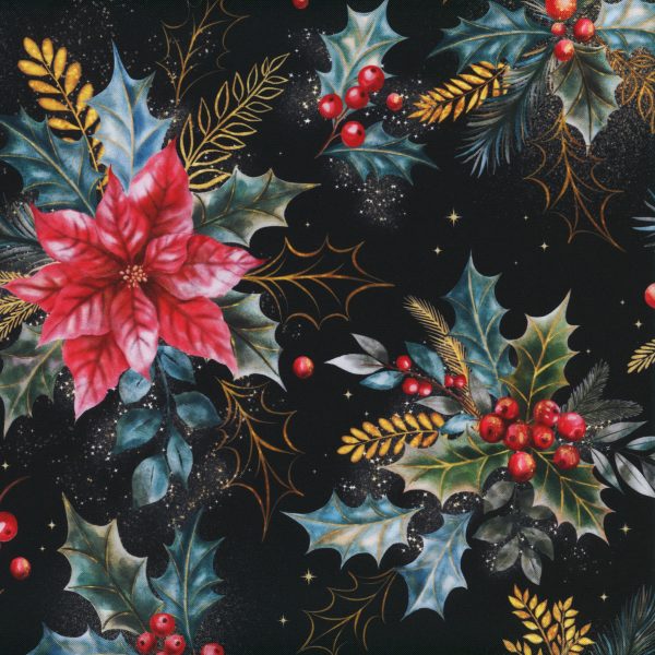 Tricot brossé - Poinsettias - Noir